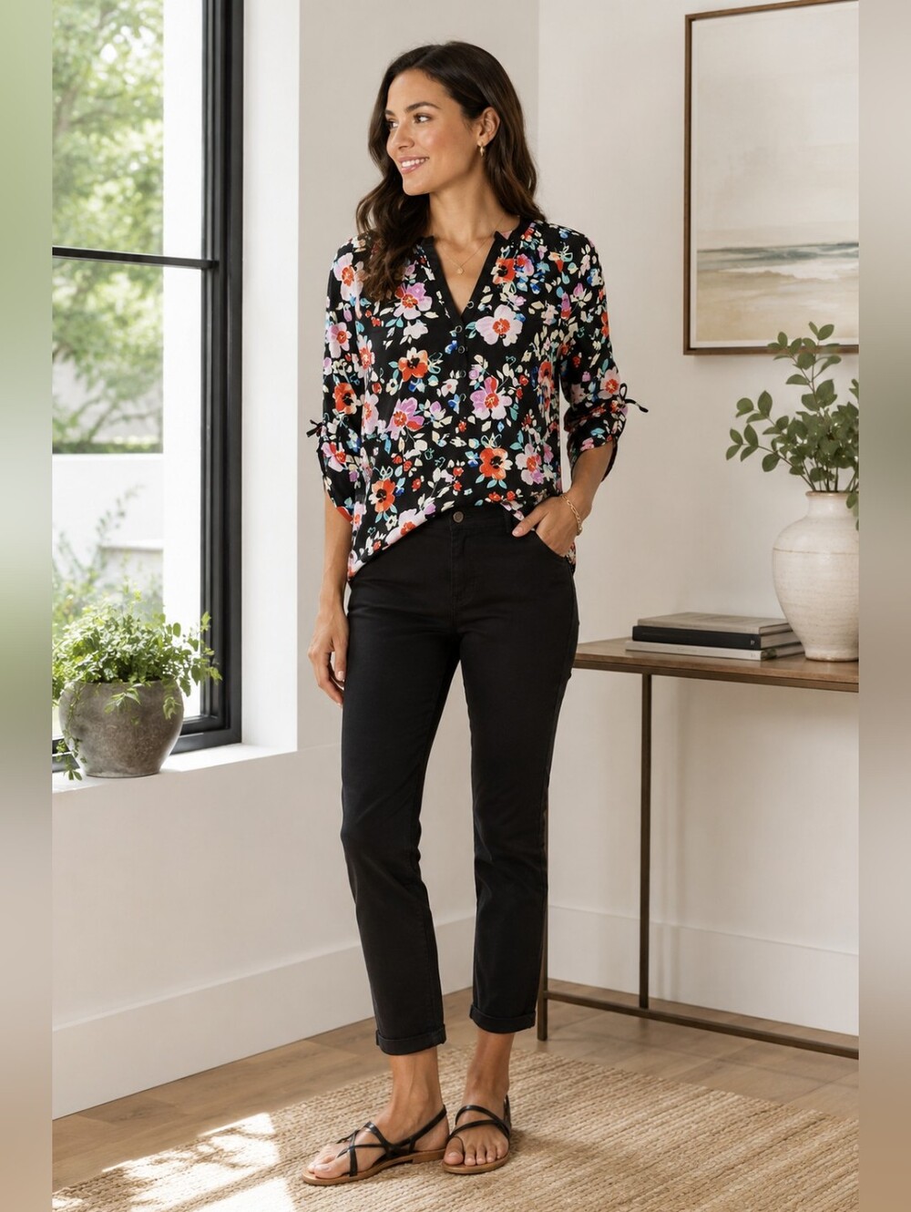 Yumi Kim 100% Silk 3/4 Sleeve Split Neck Floral Blouse Feminine Women's S